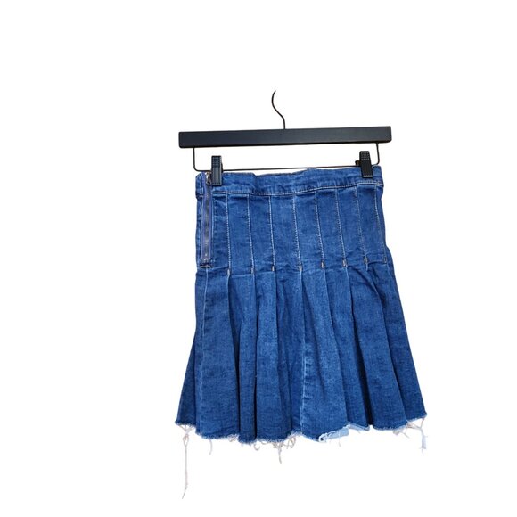 Regeneration XS Pleated Denim Mini Skirt With Frayed Hem - Picture 2 of 3